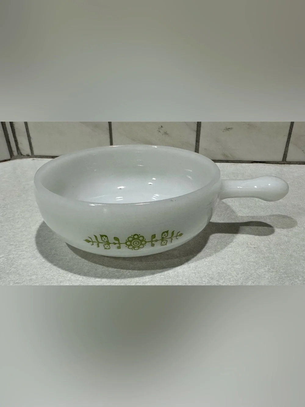 6 -Glasbake Milk Glass Handled Soup Bowl Green Daisy Floral J-2639 MCM USA VTG